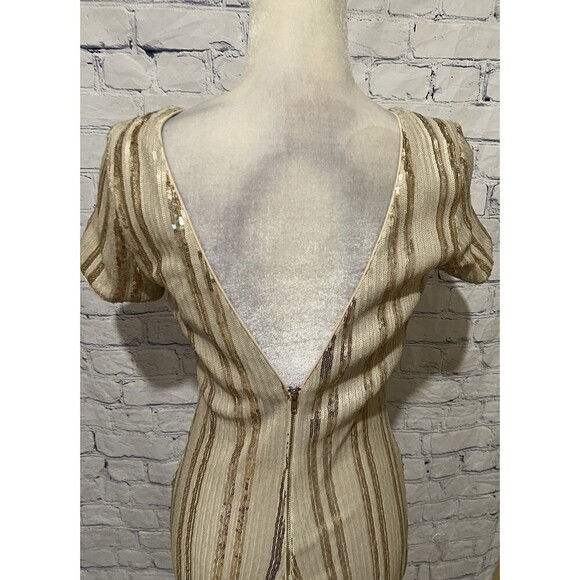 Just Me Cream And Gold Sequin V Back Mini Bodycon Dress Short Sleeve Size Large - Picture 5 of 7